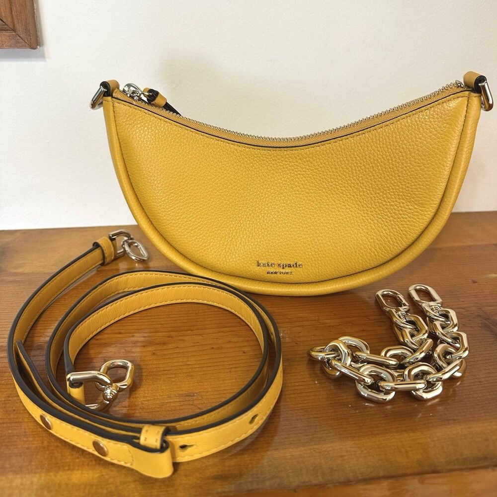 Kate Spade Smile Half Moon Crossbody Yellow Leather Bag 2 Straps - Chain
